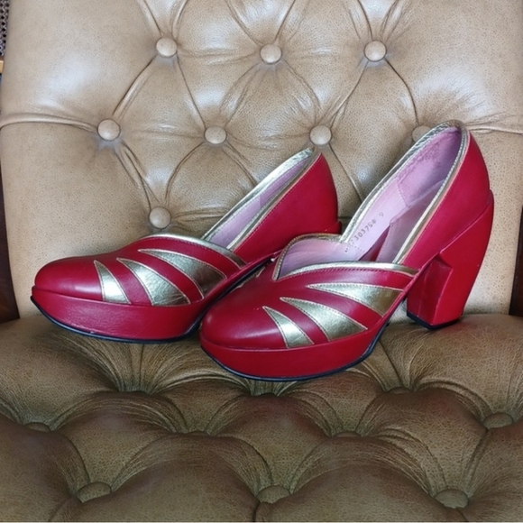 John Fluevog Lip Service Mandaly Red Gold Leather Platform Heels 90s Y2K Size 9 - Picture 2 of 9